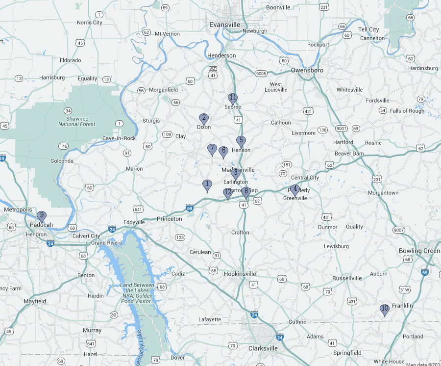 map of blue dot cab company delivery service in KY